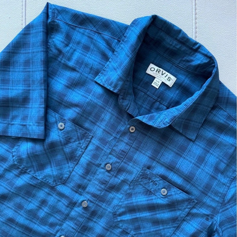 Orvis Button-Up Shirt Men's Large Blue Plaid‎ Short Sleeve Fishing Outdoor